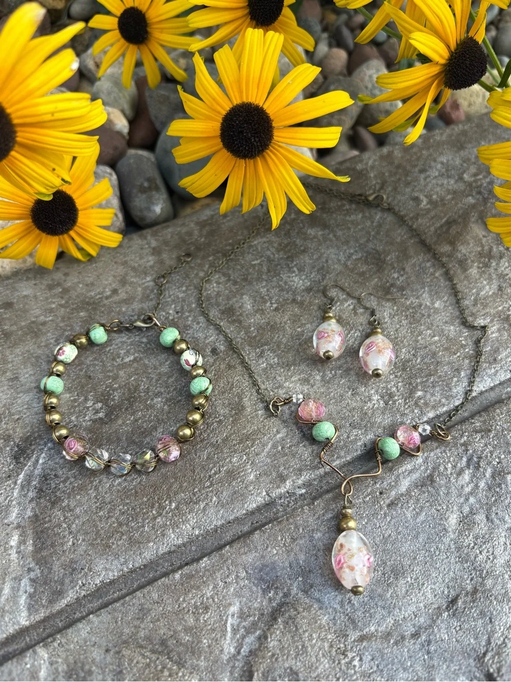 Handmade Pink & Mint Beaded Necklace, Bracelet & Earring Set